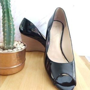 Black patent leather peep toe wedge heels